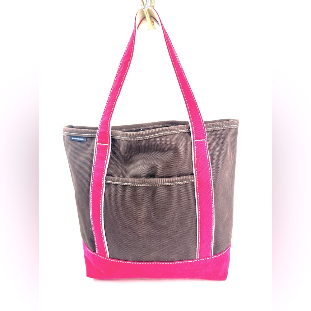 Lands End Brown Pink Canvas Large Tote Bag Travel Beach School